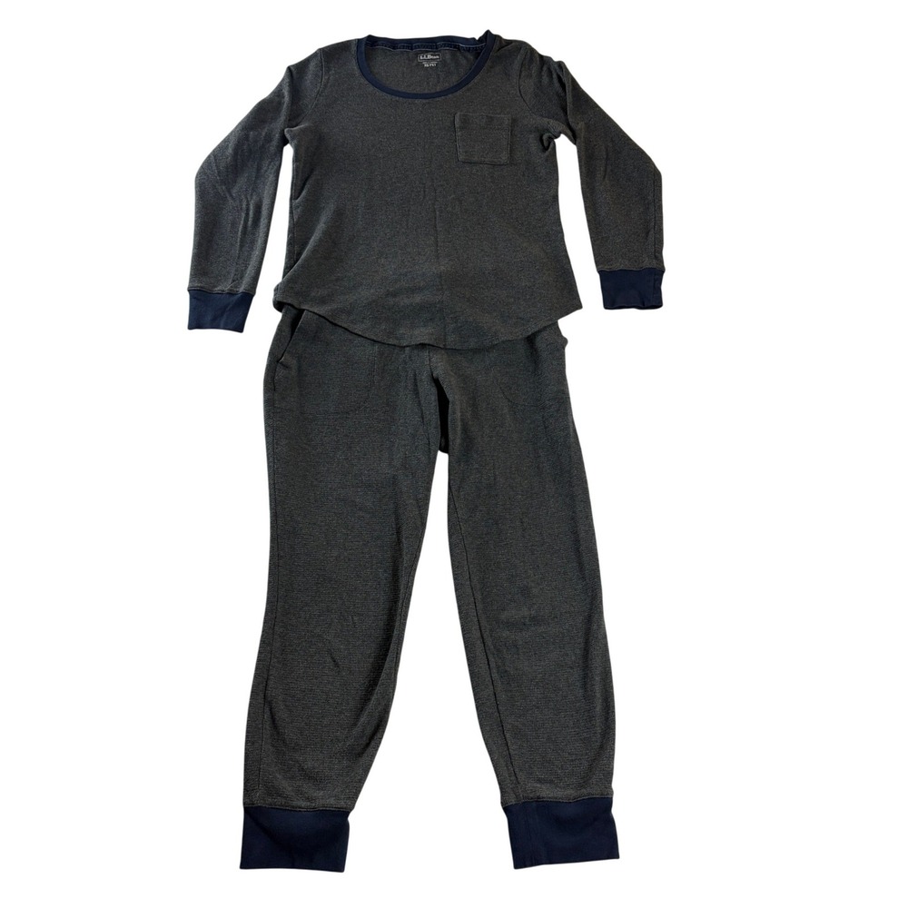 LL Bean Womens XS Petite Waffle Knit 2 Piece Pajama Set Gray Navy